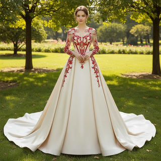Long Sleeve Beaded Satin Wedding Gown Prom Dress with Long Train