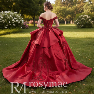 Off the Shoulder Sparkly Wedding Gown Ruffle Puffy Quince Dress