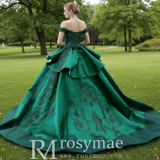 Off the Shoulder Sparkly Wedding Gown Ruffle Puffy Quince Dress