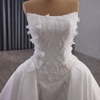 Strapless Corset-Back Satin Wedding Dress with Hand-Applied Lace Flowers Royal Train