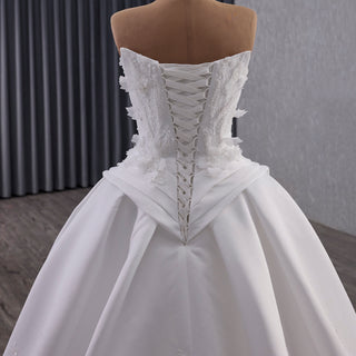 Strapless Corset-Back Satin Wedding Dress with Hand-Applied Lace Flowers Royal Train