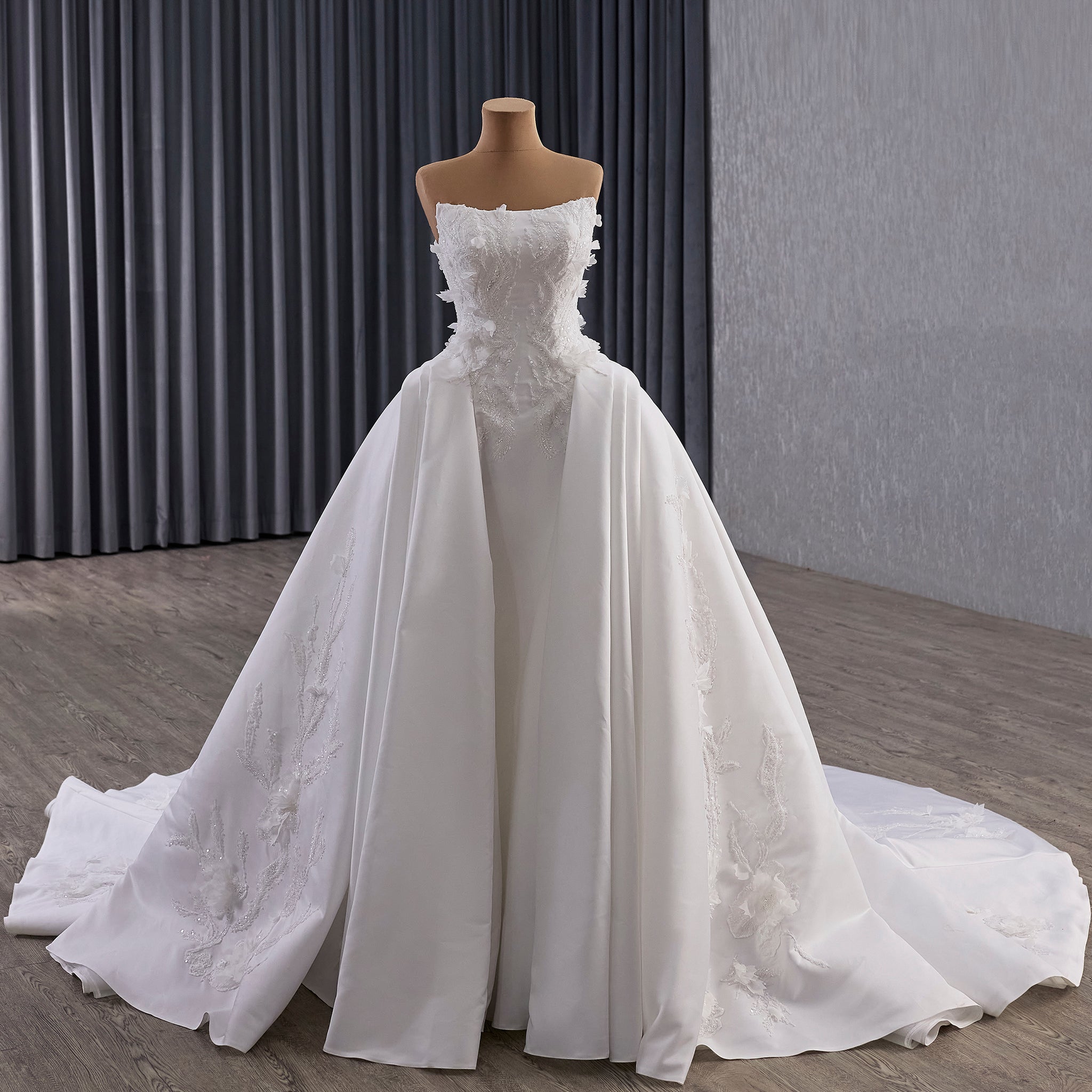 Strapless Corset-Back Satin Wedding Dress with Hand-Applied Lace Flowers Royal Train White / 18 Strapless Corset-Back Satin Wedding Dress with Hand-Applied Lace Flowers Royal Train White / 18