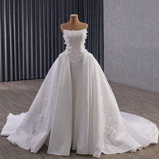 Strapless Corset-Back Satin Wedding Dress with Hand-Applied Lace Flowers Royal Train