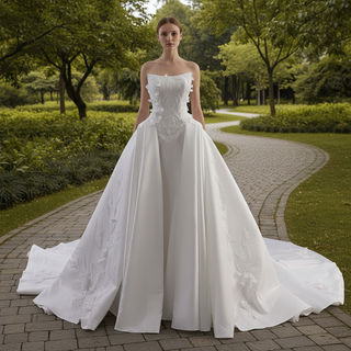 Strapless Corset-Back Satin Wedding Dress with Hand-Applied Lace Flowers Royal Train