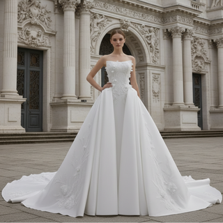Strapless Corset-Back Satin Wedding Dress with Hand-Applied Lace Flowers Royal Train