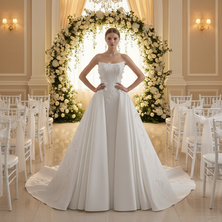 Strapless Corset-Back Satin Wedding Dress with Hand-Applied Lace Flowers Royal Train