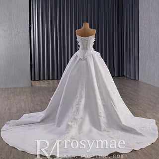 Strapless Corset-Back Satin Wedding Dress with Hand-Applied Lace Flowers Royal Train