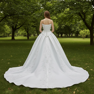 Strapless Corset-Back Satin Wedding Dress with Hand-Applied Lace Flowers Royal Train