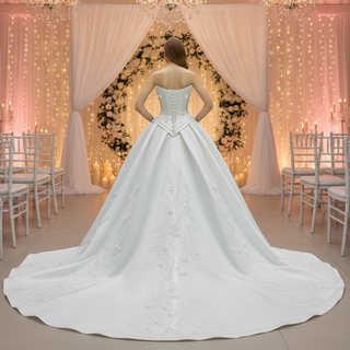 Strapless Corset-Back Satin Wedding Dress with Hand-Applied Lace Flowers Royal Train