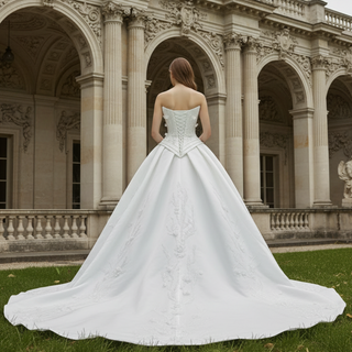 Strapless Corset-Back Satin Wedding Dress with Hand-Applied Lace Flowers Royal Train