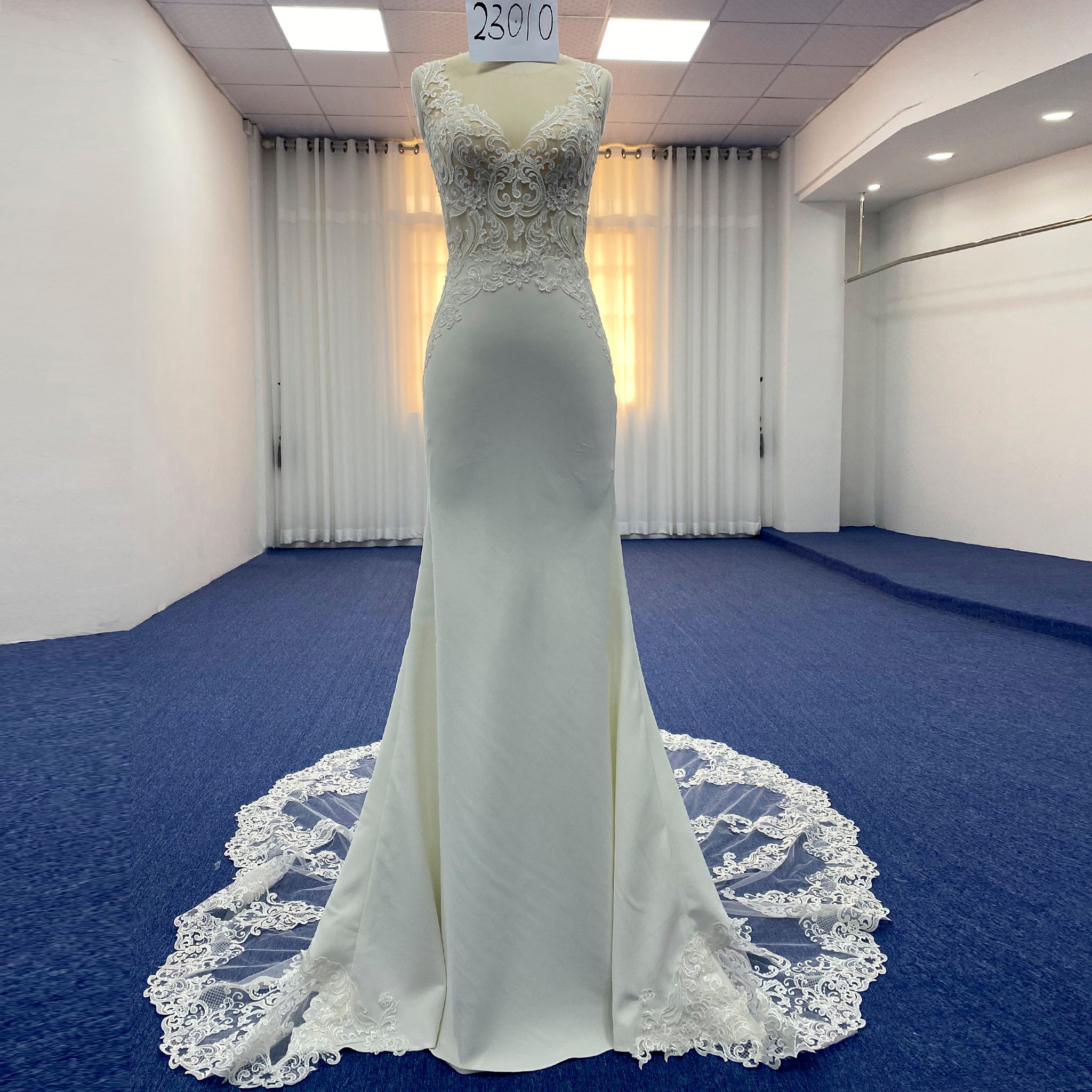 Satin Appliqued Lace Fit and Flare Wedding Dress with Vneck White / 12 Satin Appliqued Lace Fit and Flare Wedding Dress with Vneck White / 12