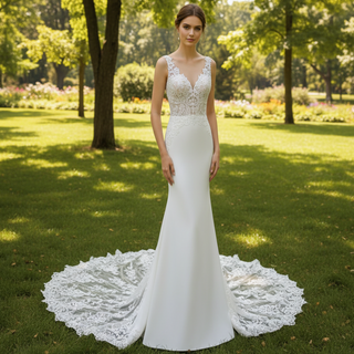Satin Appliqued Lace Fit and Flare Wedding Dress with Vneck