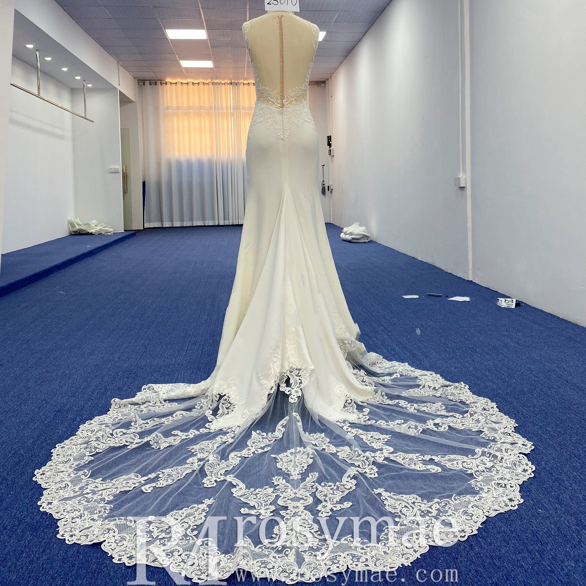 Satin Appliqued Lace Fit and Flare Wedding Dress with Vneck White / 12 Satin Appliqued Lace Fit and Flare Wedding Dress with Vneck White / 12
