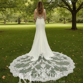 Satin Appliqued Lace Fit and Flare Wedding Dress with Vneck