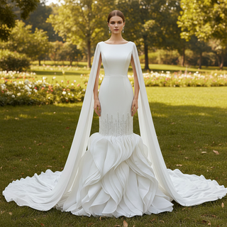 High-end Unique Ruffles Trumpet Wedding Dress With Long Sleeve