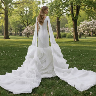 High-end Unique Ruffles Trumpet Wedding Dress With Long Sleeve
