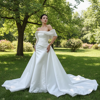 Satin Overskirt Pearl Wedding Dress Off the Shoulder Bridal Gown