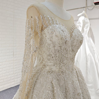 Wedding Dress with Shimmering Vertical Embroidery Meets Lace-Bordered Scalloped Train