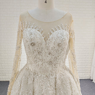Wedding Dress with Shimmering Vertical Embroidery Meets Lace-Bordered Scalloped Train