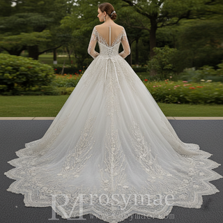 Wedding Dress with Shimmering Vertical Embroidery Meets Lace-Bordered Scalloped Train