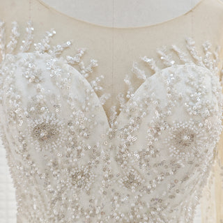 Wedding Dress with Shimmering Vertical Embroidery Meets Lace-Bordered Scalloped Train