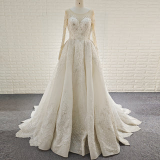 Wedding Dress with Shimmering Vertical Embroidery Meets Lace-Bordered Scalloped Train