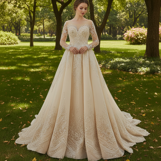 Wedding Dress with Shimmering Vertical Embroidery Meets Lace-Bordered Scalloped Train