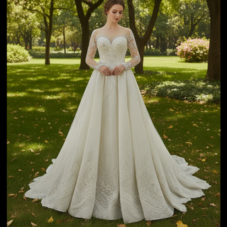 Wedding Dress with Shimmering Vertical Embroidery Meets Lace-Bordered Scalloped Train