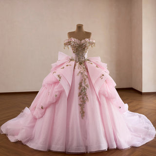 Pink Quinceañera Dress with Off-Shoulder Sculptural Layered Ruffle Peplum