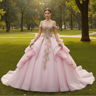 Pink Quinceañera Dress with Off-Shoulder Sculptural Layered Ruffle Peplum