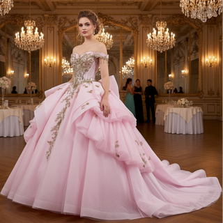 Pink Quinceañera Dress with Off-Shoulder Sculptural Layered Ruffle Peplum