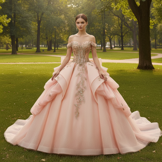 Robe de Quinceañera rose avec péplum à volants superposés sculpturaux et épaules dénudées