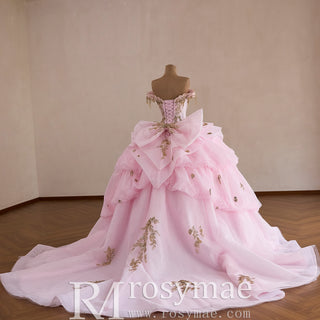 Pink Quinceañera Dress with Off-Shoulder Sculptural Layered Ruffle Peplum
