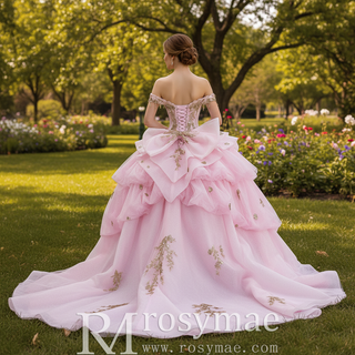 Pink Quinceañera Dress with Off-Shoulder Sculptural Layered Ruffle Peplum