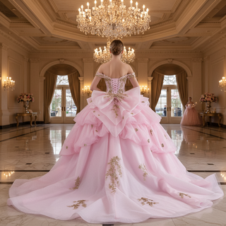 Pink Quinceañera Dress with Off-Shoulder Sculptural Layered Ruffle Peplum