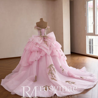 Pink Quinceañera Dress with Off-Shoulder Sculptural Layered Ruffle Peplum