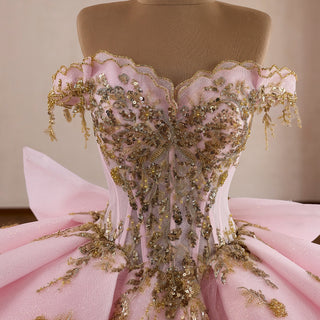 Pink Quinceañera Dress with Off-Shoulder Sculptural Layered Ruffle Peplum