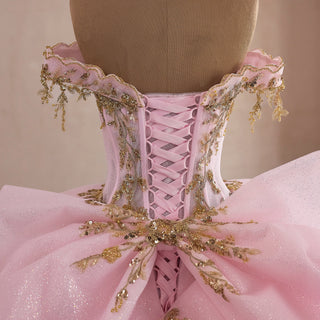 Pink Quinceañera Dress with Off-Shoulder Sculptural Layered Ruffle Peplum