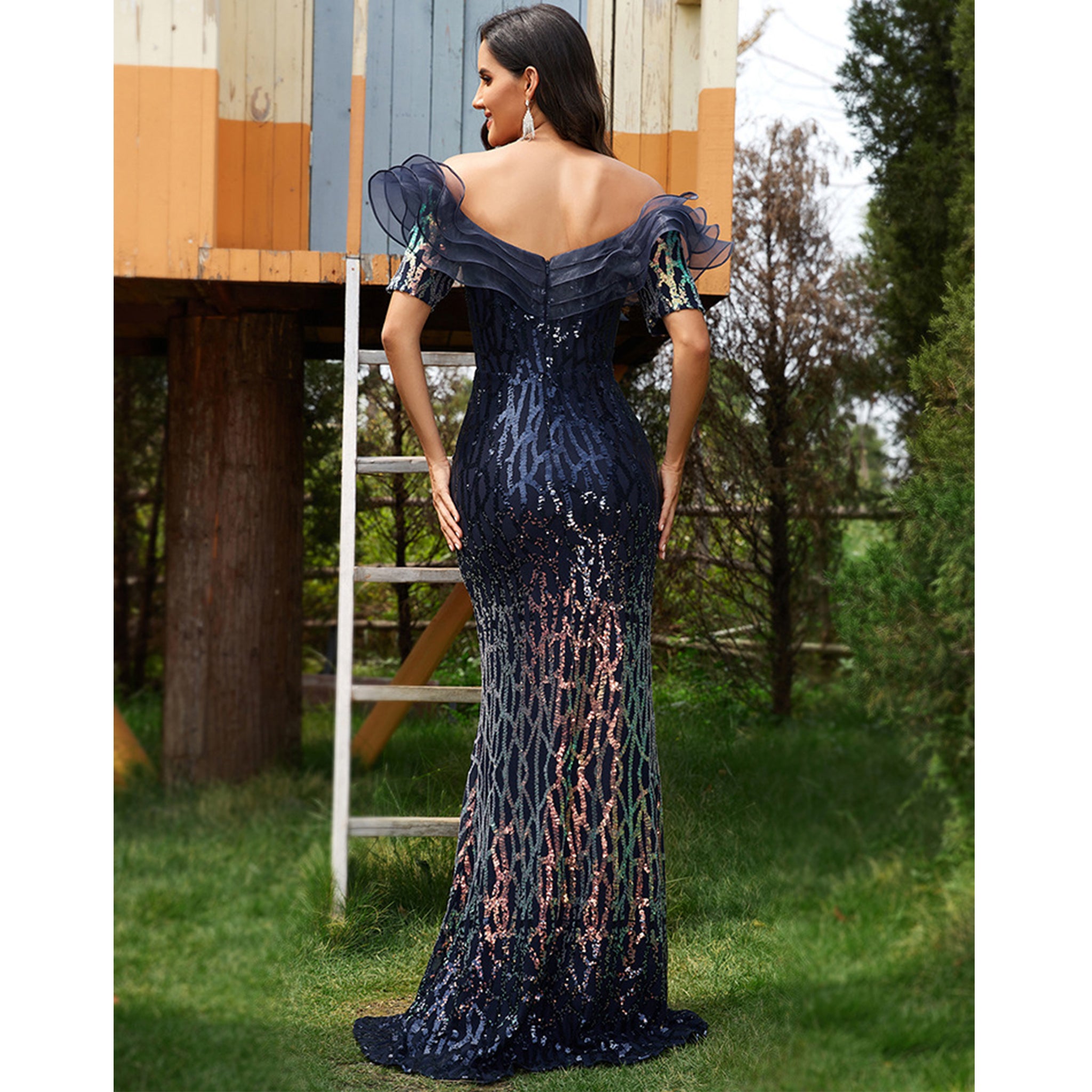 Sequin Lotus Evening Gown Off-The-Shoulder Fishtail Prom Dress Dark Navy / 10 Sequin Lotus Evening Gown Off-The-Shoulder Fishtail Prom Dress Dark Navy / 10