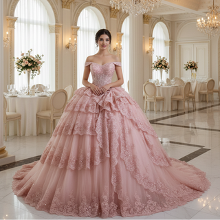 Sparkly Lace Applique Tiered Wedding Gowns Off the Shoulder Quince Dress