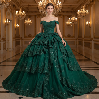 Sparkly Lace Applique Tiered Wedding Gowns Off the Shoulder Quince Dress