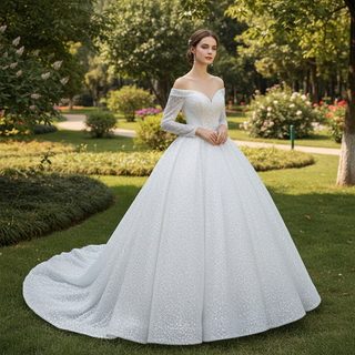 Luxury Beaded Sparkly Wedding Dress with Off the Shoulder Long Sleeve
