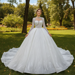 Sparkly High Neck Puffy Wedding Dress with Long Sleeve