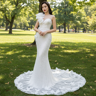 Shiny Beaded Floral Mermaid Wedding Dress with Sheer Neck