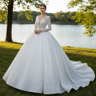 Long Sleeve Ball Gown V-neck Wedding Dress with Beaded Pearl