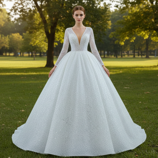 Long Sleeve Ball Gown V-neck Wedding Dress with Beaded Pearl