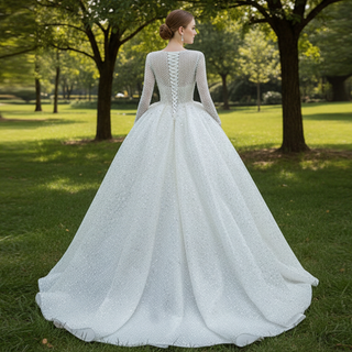 Long Sleeve Ball Gown V-neck Wedding Dress with Beaded Pearl