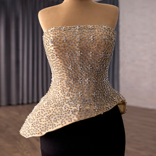 High-end Black & Champagne Rhinestone Evening Gown Mermaid Bridal Formal Dress