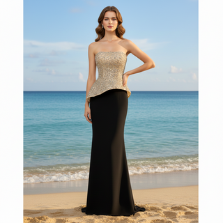High-end Black & Champagne Rhinestone Evening Gown Mermaid Bridal Formal Dress