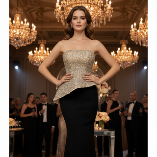 High-end Black & Champagne Rhinestone Evening Gown Mermaid Bridal Formal Dress